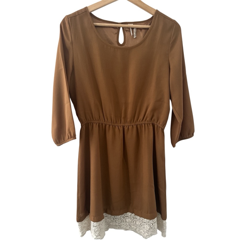 Brazilian Boutique Brown Lace Hem Dress Medium Romantic Boho Keyhole cottagecore